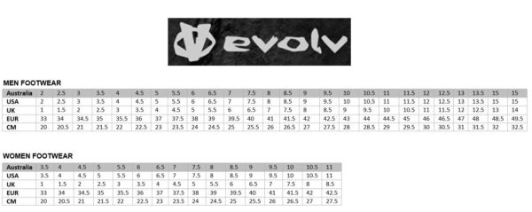 Evolv Shoe Size Chart